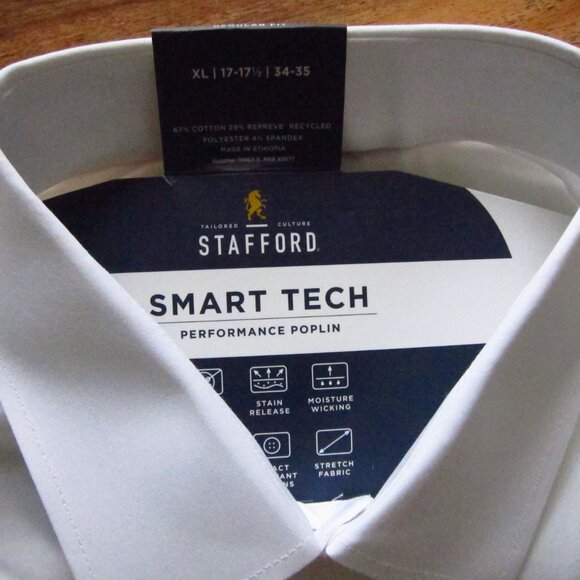 NWT- Mens Stafford White Smart Tech L/S Shirt Performance Poplin 17-17 1/2,34/35 - Picture 3 of 10